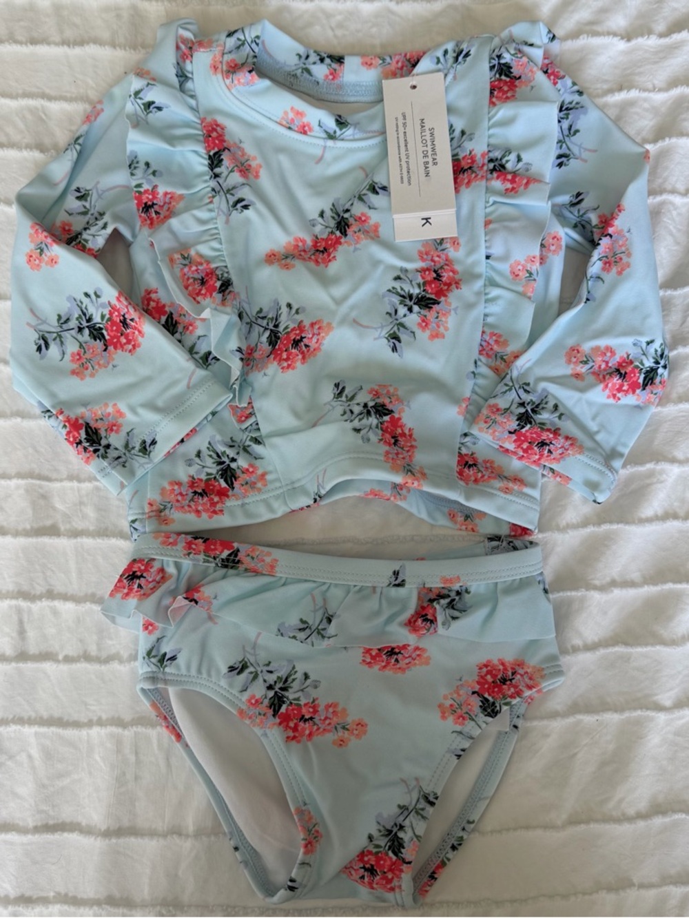 Janie and Jack Light Blue Floral Ruffle Long-Sleeve Bikini Set
